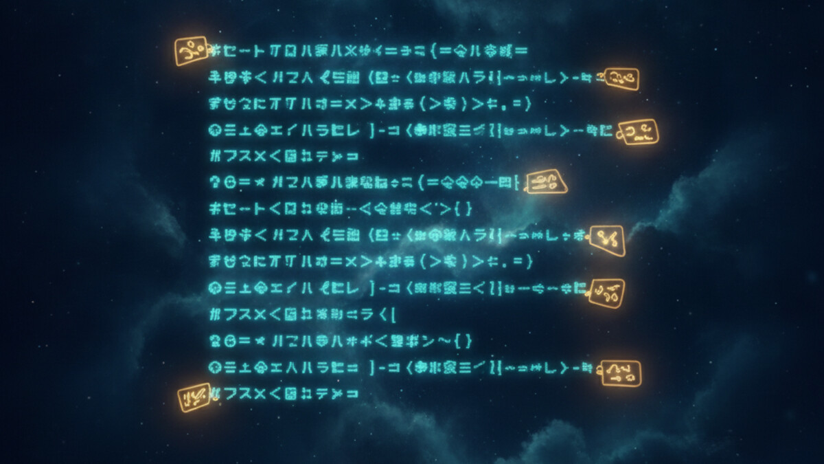 A flat illustration of a code window with a glowing teal note card pinned to one line of a command, on a deep navy background