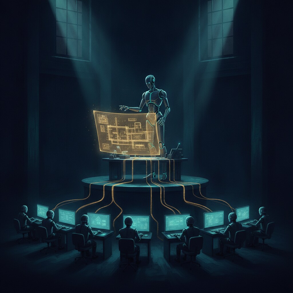 A dark hall lit in navy and teal: a tall robot stands at a raised console studying a glowing gold architectural blueprint, with gold cables running down to a row of smaller robots working at teal-lit monitors below