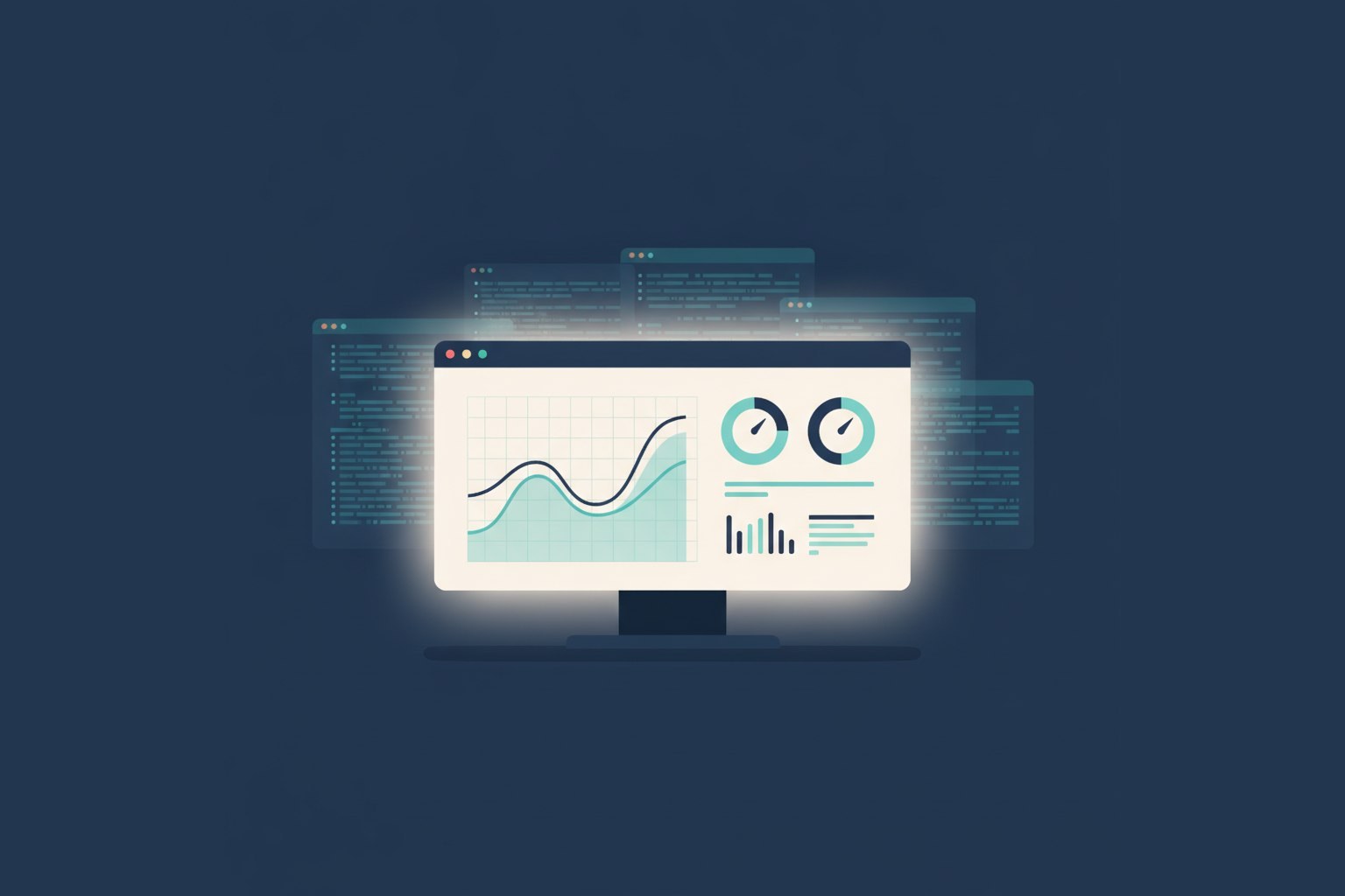 Illustration of a monitoring dashboard with graphs and gauges