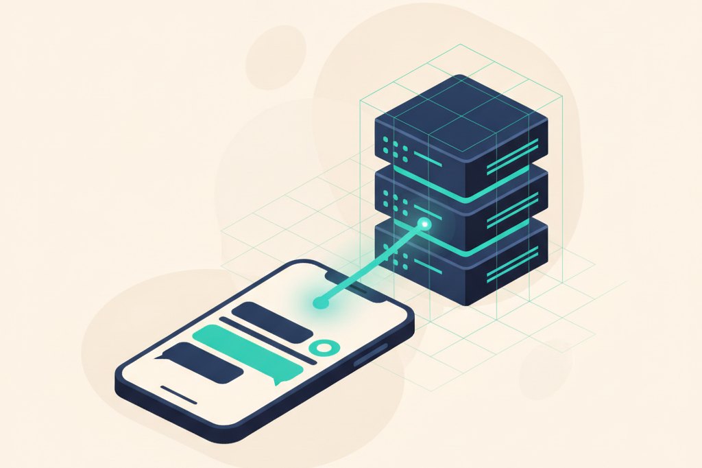 Illustration of a phone with a chat window connected to a home server stack