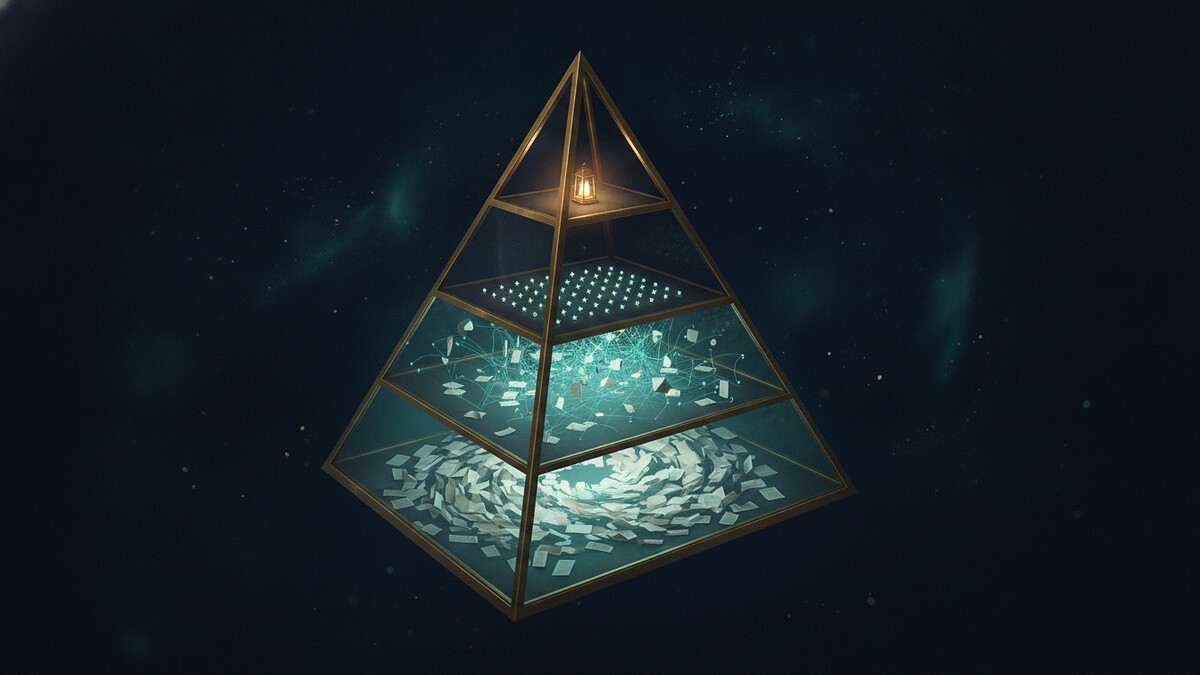 A glass and brass pyramid floating in deep navy space, its bottom floor packed with drifting paper, the middle floor a teal constellation of connected points, and one small lit lantern alone on the top floor