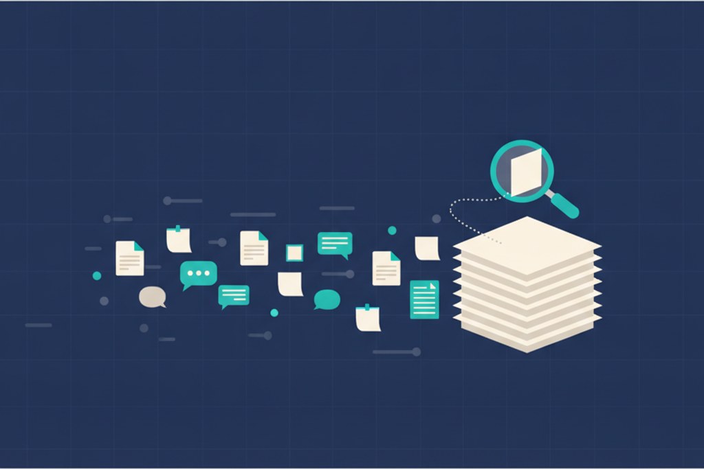 Illustration of documents and chat bubbles flowing into a searchable index