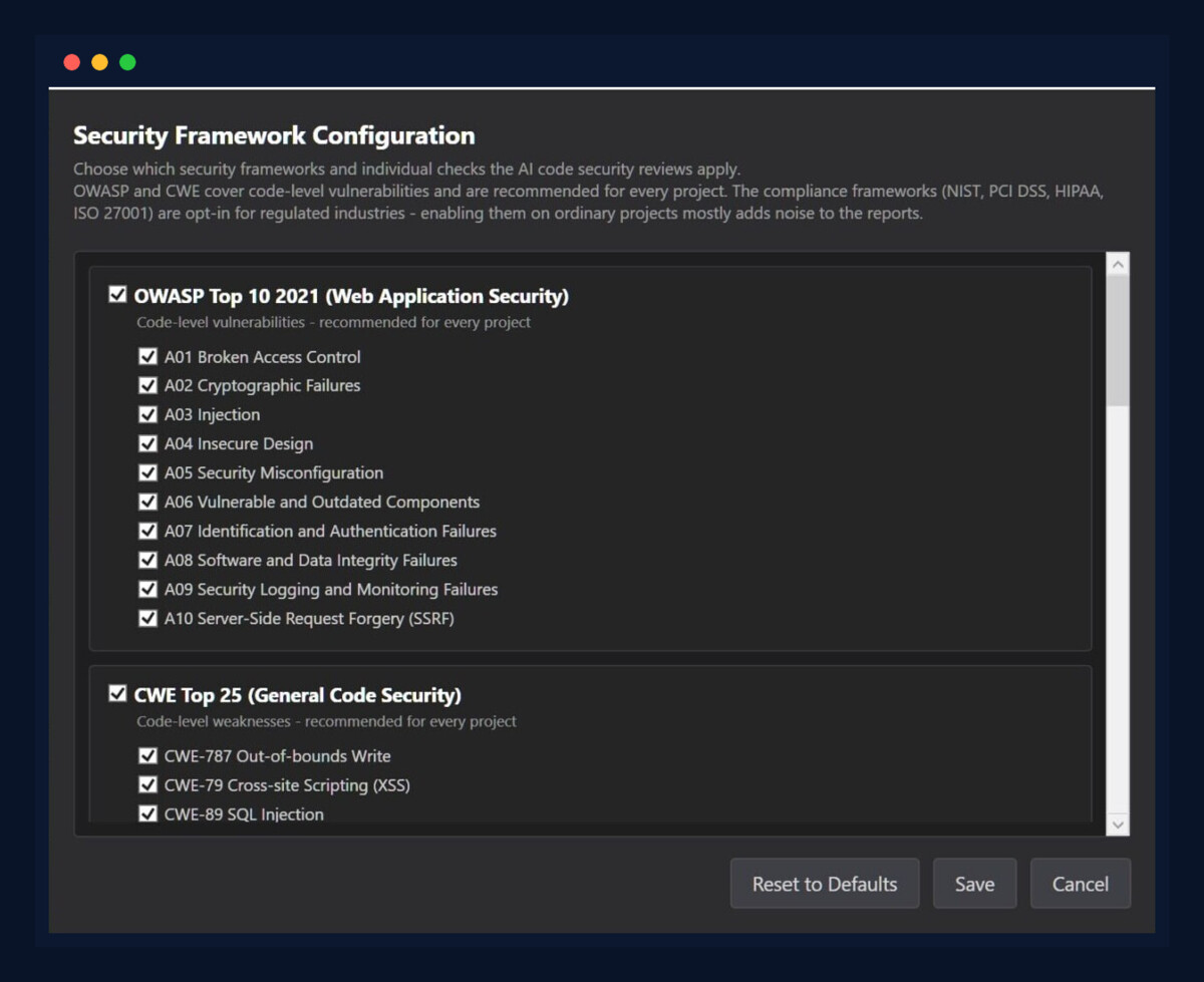 The TerminalNexus Security Framework Configuration screen in a dark window: checkboxes for the OWASP Top 10 and CWE Top 25 rules, with the compliance frameworks available to toggle