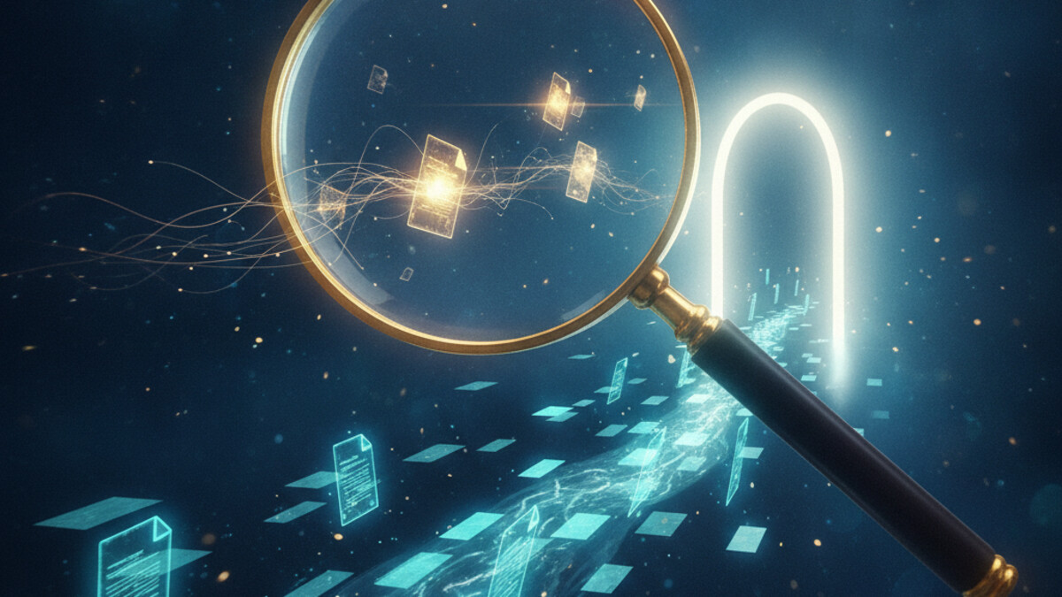 A cinematic illustration: a gold-rimmed magnifier scans a stream of glowing document shards drifting toward a bright archway of light, some flagged in gold, in deep navy, teal and gold