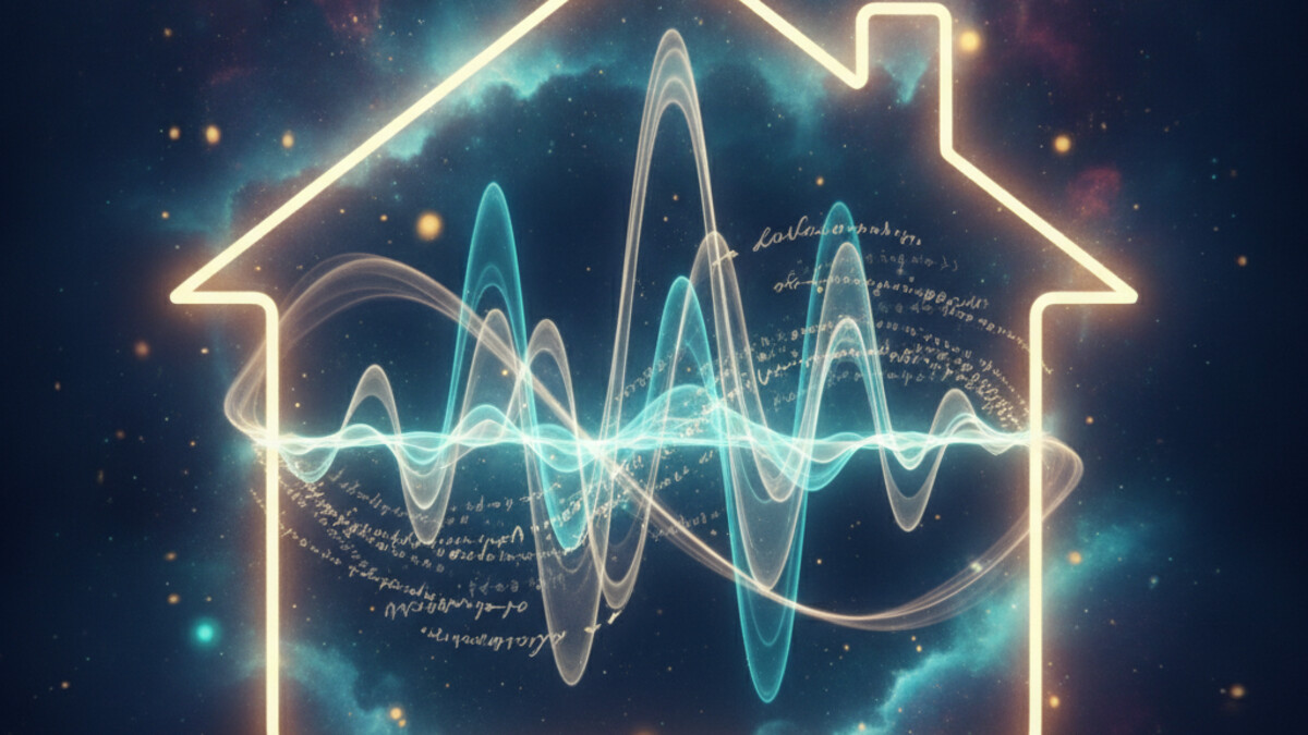 A flat illustration of a house at night: a desk microphone sends a teal sound wave to a small server rack inside the walls, while a grey cloud floats outside, disconnected, in navy and teal