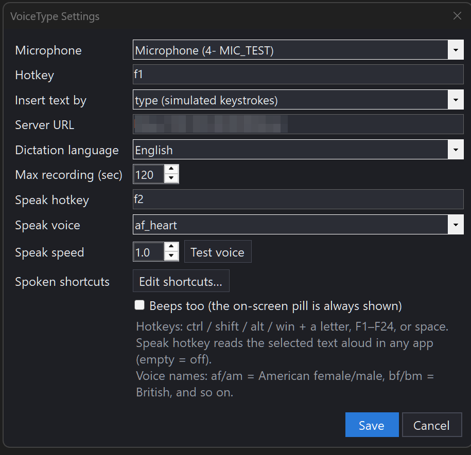 The VoiceType settings dialog: microphone picker, hotkeys, server URL, dictation language, max recording length, speak voice and speed